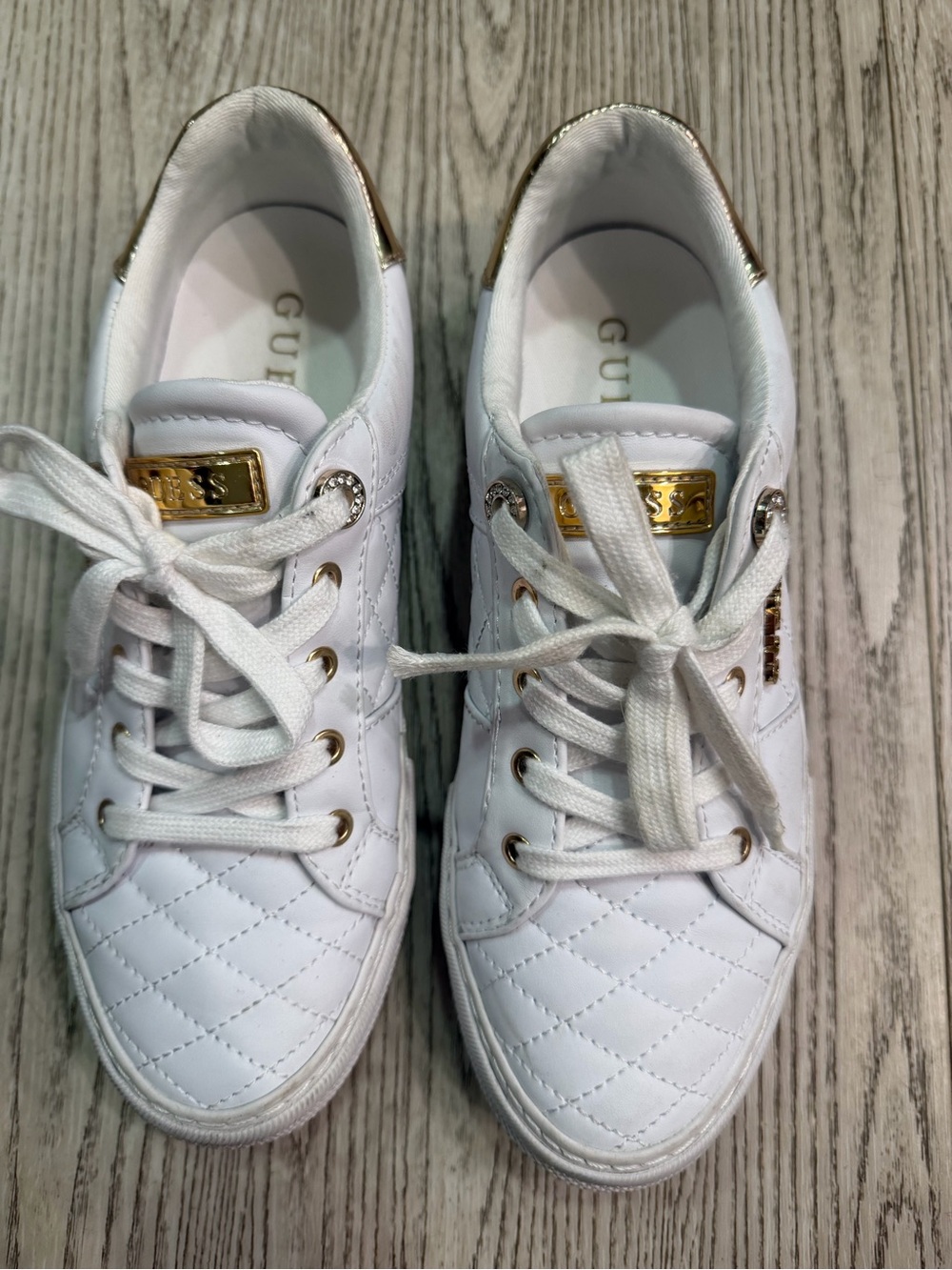 GUESS White Quilted Lace-Up White Sneakers with Gold Trim - Women's Size 7.5